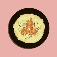 utsökt räka risotto klädd med parmesan ost och persilja. mat illustration, mat tecknad serie. vektor