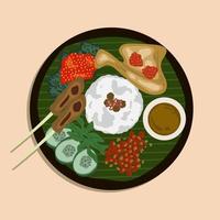 balinesisk indonesiska mat, ayam betutu. hela kyckling fylld med balinesisk krydda maniok löv, insvept i banan löv och ångad. eras med sambal matah och rostad jordnöt. mat illustration vektor