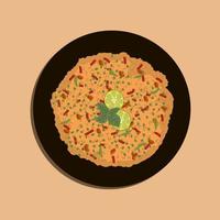Blick von oben auf eine Schüssel aus Steinzeug gefüllt mit mexikanischem Reis und Bohnen isoliert auf einem schwarzen Teller. Lebensmittel-Illustrationsvektor. Lebensmittel-Karikatur. vektor