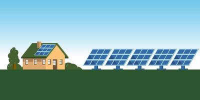 Ökohaus mit Sonnenkollektoren und Bäumen in der Nähe. alternative Energie. Familienheim vektor