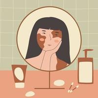 glückliche Frau mit Vitiligo sieht in den Spiegel und berührt das Gesicht. sich selbst akzeptieren. Selbstliebe. Hautkrankheit. lächelnde Mädchen mit Hautproblemen. Stock-Vektor-Illustration. vektor
