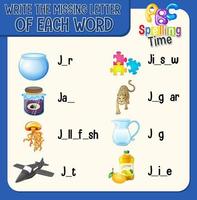 Schreiben Sie den fehlenden Buchstaben jedes Wortarbeitsblatts für Kinder vektor