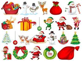 Satz Weihnachtsmann-Zeichentrickfigur und Weihnachtsobjekte lokalisiert auf weißem Hintergrund