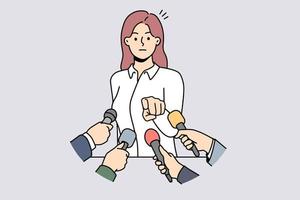 Wütende Geschäftsfrau spricht in Mikrofonen am Konferenzpunkt bei Journalisten oder Reportern. Verrückte Politikerin sprach verzweifelt bei der Veranstaltung. Vektor-Illustration. vektor