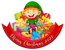 Frohe Weihnachten 2020 Schriftart Banner mit niedlichen Elfen und vielen Geschenken auf weißem Hintergrund vektor