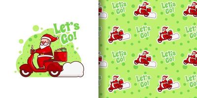 Weihnachtsniedlicher Weihnachtsmann, der Geschenke auf Motorradkarikaturmuster liefert vektor