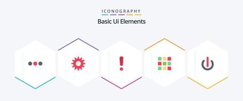 grundlegende ui-elemente 25 flaches symbolpaket einschließlich on. Knopf. Achtung. Quadrate. Netz vektor