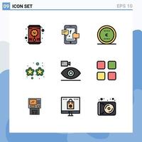 Stock Vector Icon Pack mit 9 Zeilenzeichen und Symbolen für Kamera-Cam-Münzen-Party-Brille editierbare Vektordesign-Elemente