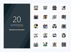 20 mit Geschäfts- und Teamarbeitslinien gefüllte Symbole zur Präsentation vektor