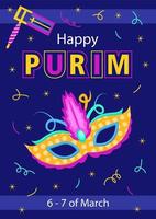 Purim-Feiertags-Karnevalsplakat mit Maske, Sitzsack, Konfetti auf dem Hintergrund, Karnevalsparty-Banner, Einladungsgruß, Vektorparty-Poster. vektor