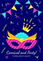 karneval vektor affisch med ljus färgrik mask och krona med faller konfetti, baner, inbjudan, hälsning kort.