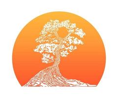 japanischer Bonsai-Baum. orangefarbenes rundes Logo, Baumsymbol. Bonsai-Silhouette-Vektorillustration auf isoliertem weißem Hintergrund. ökologie, natur, biokonzept. Sonnenuntergang mit Baumsilhouette. Designvorlage. vektor
