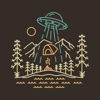 UFO invasion camping i Plats monoline illustration för kläder vektor