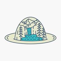 Abenteurerhut mit Wasserfall und See-Monolin-Illustration für Bekleidung vektor