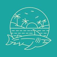 wilder hai am strand mit sonnenuntergangshintergrund monoline illustration für bekleidung vektor