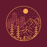 Camping im Wald und Lagerfeuer mit Bergen und Skyline-Hintergrund Monoline-Illustration für Bekleidung vektor