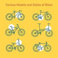 verschiedene modelle und stile von fahrrädern monoline illustration für bekleidung vektor