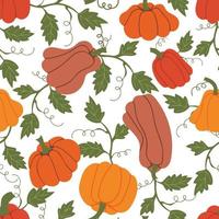 Nahtloses Muster mit bunten Kürbissen und Blättern auf weißem Hintergrund. Thanksgiving und Herbstdesign vektor