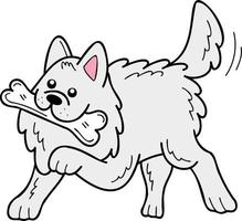 hand gezeichneter samoyed-hund, der die knochenillustration im gekritzelstil hält vektor