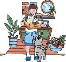 hand dragen de katt tigger dess ägare i de levande rum illustration i klotter stil vektor