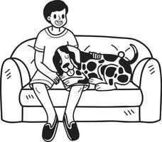 hand dragen dalmatian hund med ägare och soffa illustration i klotter stil vektor