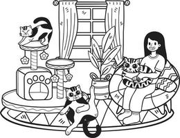 hand dragen de ägare sitter med de katt i de levande rum illustration i klotter stil vektor
