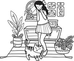 hand dragen de katt tigger dess ägare i de levande rum illustration i klotter stil vektor