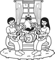 hand dragen de ägare spelar gitarr med de katt i de levande rum illustration i klotter stil vektor