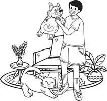 handgezeichnet umarmt der besitzer den hund und die katze in der wohnzimmerillustration im gekritzelstil vektor