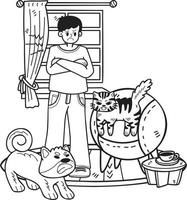 hand dragen ägare arg med stygg hundar och katter illustration i klotter stil vektor