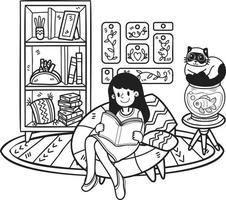 hand dragen de ägare sitter och läser en bok med de katt i de levande rum illustration i klotter stil vektor