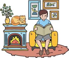 hand dragen de ägare läser en bok med de katt i de levande rum illustration i klotter stil vektor