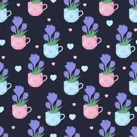 florales nahtloses Muster. Frühlingsblumenstrauß Krokusse in Tassen auf schwarzem Hintergrund. Vektor-Illustration. Botanisches Muster für Dekor, Design, Verpackung, Tapete, Textil. vektor