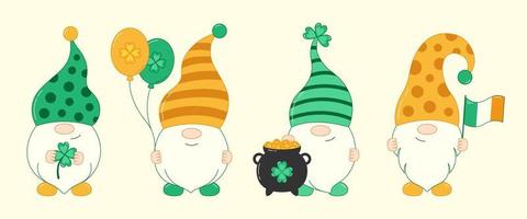 St. Patrick's Day irische Glückszwerge mit Klee, Ballon, Topf mit Goldmünzen und irischer Flagge. vektor