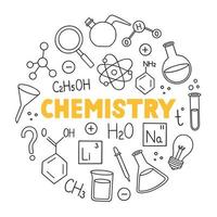 Chemie-Doodle-Set. chemische laborgeräte im skizzenstil. Flaschen, Formeln, Mikroskop, Brenner handgezeichnete Vektorgrafik isoliert auf weißem Hintergrund vektor