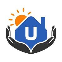 Buchstabe u Immobilien-Logo-Konzept mit Sonne, Haus und Handvorlage. sicherer hauslogoelementvektor vektor