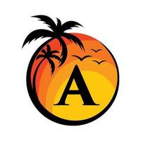 strand logotyp på brev en vektor tecken. sommar semester på tropisk strand logotyp