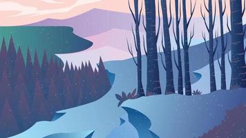Winterwaldlandschaft ist eine Vektorillustration, die die Atmosphäre des Waldes zeigt, der von fallendem Schnee bedeckt ist. Die Kiefern sind ziemlich schattig und die Berge von fallendem Schnee bedeckt.