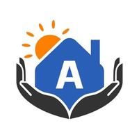 Schreiben Sie ein Immobilien-Logo-Konzept mit Sonne, Haus und Handvorlage. sicherer hauslogoelementvektor vektor