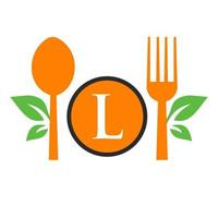 restaurang logotyp på brev l mall. sked och gaffel, blad symbol för kök tecken, Kafé ikon, restaurang, matlagning företag vektor