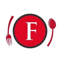 restaurang logotyp på brev f sked och gaffel begrepp vektor