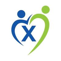 Community-Care-Logo auf Buchstabe x-Vektorvorlage. Teamarbeit, Herz, Menschen, Familienpflege, Liebeslogos. Wohltätigkeitsstiftung kreatives Spendenschild für wohltätige Zwecke vektor