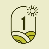 Buchstabe 1 Logo-Emblem-Vorlage für die Landwirtschaft. agro farm, agribusiness, eco-farm schild mit sonne und landwirtschaftlichem feldsymbol vektor