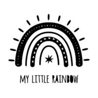 min liten regnbåge. söt svart regnbåge med vingar. bebis regnbåge logotyp. modern barn skriva ut, dekorativ grafisk element. klotter hand dragen regnbåge isolerat på vit. barn design. vektor illustration.