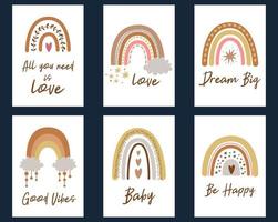 uppsättning av söt bebis dusch kort med boho regnbågar kalligrafi citat. barn regnbåge. perfekt boho chic inbjudningar, hälsning kort, affischer. bebis regnbågar i pastell färger. vektor illustration.