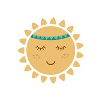 süße Sonne mit Gesicht im Tribal Boho Style. grafisches Element für Kinderdesign. lächelnde Sonne. Sommerkonzept. Vektor-Illustration. hand gezeichnete sonne isoliert auf weiß. aztekisches gelbes Sonnensymbol, Logo. vektor