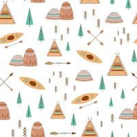 fjäll, träd, läger mönster i söt boho stil. teepee tält, kajak, äventyr sömlös mönster för barn camping illustration. tecknad serie vektor klotter hand dragen camping bakgrund i pastell färger.