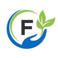 hand auf buchstabe f logo design. Gesundheitsversorgung, Stiftung mit Handsymbol vektor
