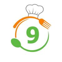 brev 9 logotyp med kock hatt, sked och gaffel för restaurang logotyp. restaurang logotyp vektor