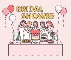 brud- dusch posta kort. vänner i vit klänningar är har en firande fest för de brud. vektor